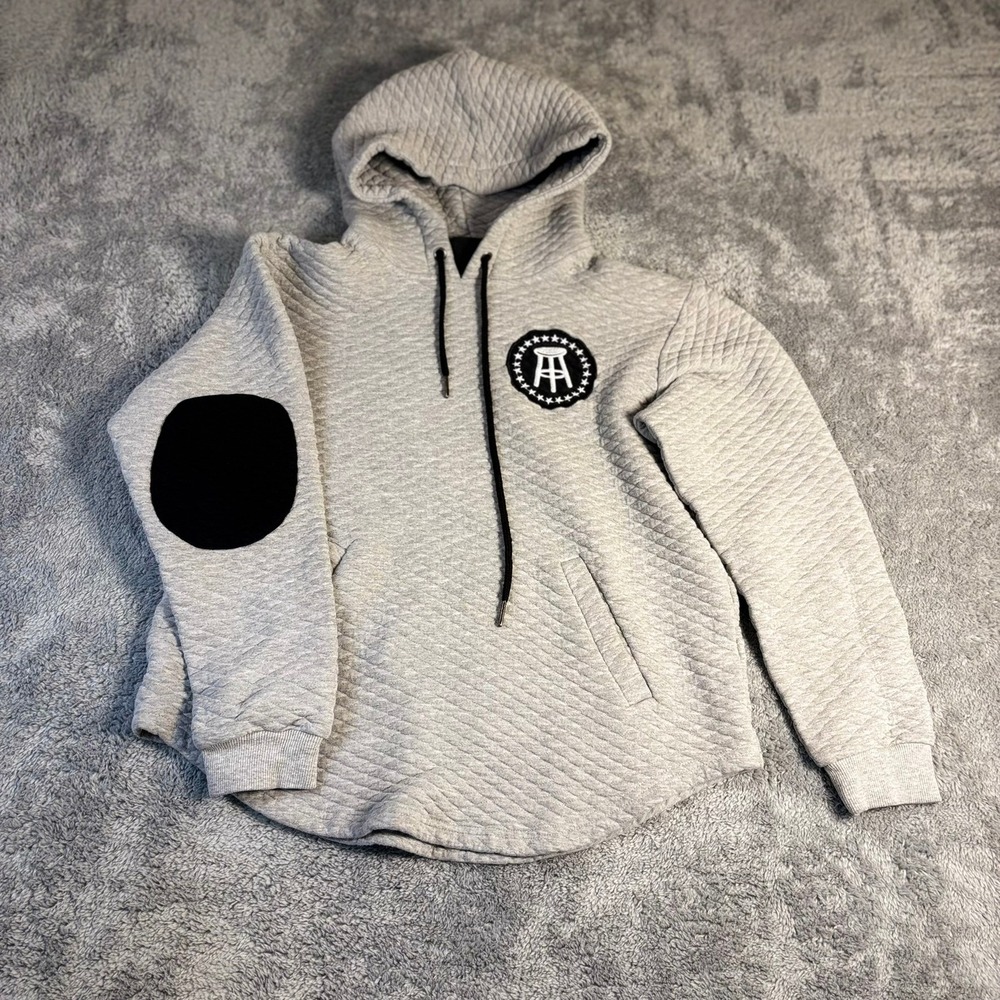 Barstool Sports Quilted Hoodie Gray Elbow Patches Stool Logo Mens Medium